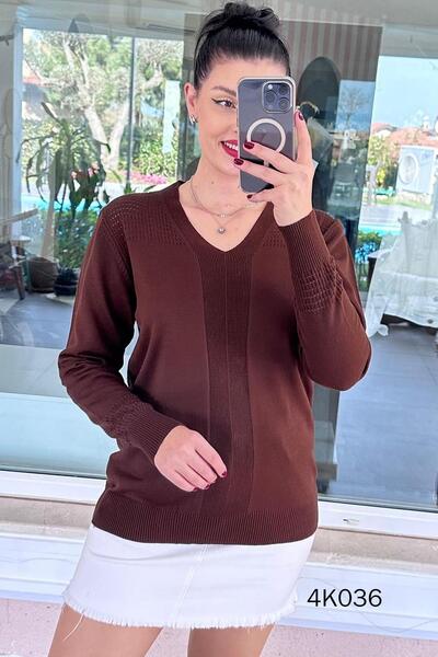 İnce Topuk V-Neck Openwork Knitwear Blouse 4K036