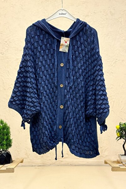 sahnemoda Hooded Leaf Washed Buttoned Cotton Cardigan