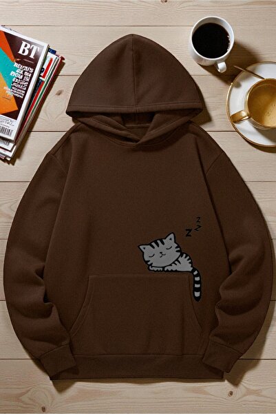 uyguntarz Unisex Sleeping Cat Printed Hooded Sweatshirt