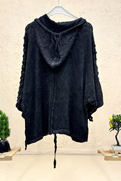 sahnemoda Hooded Leaf Washed Buttoned Cotton Cardigan