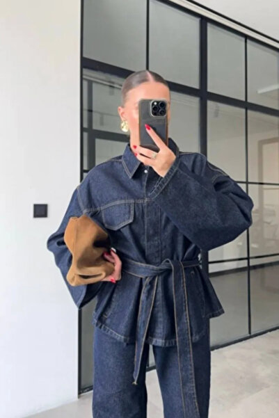 TRENDBUTİKOFFİCİAL Women's Denim Jeans Set Belted Denim Jacket & Wide Leg Pants Set Premium Denim