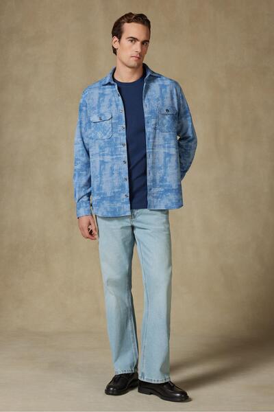 Abbate Marcel Ov Knitted Fabric Cotton Blend Overshirt Fit Light Blue Classic Collar Men's Patterned Overshirt