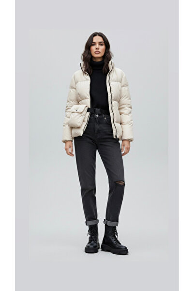 DreamKrest Kadın Krem Rengi Çantalı Şişme Mont