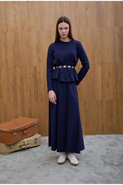Birgül Bektaş Navy Blue Pleated Detailed Skirt Set