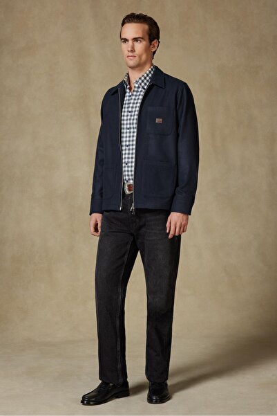 Abbate Monza Woven Wool Overshirt Fit Navy Blue Classic Collar Men's Plain Overshirt