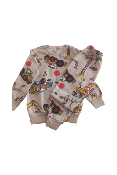 Arya Nisa Kids Boy's Tractor Printed Cream Color 100% Cotton Sh Fleece-Lined Pajama Set