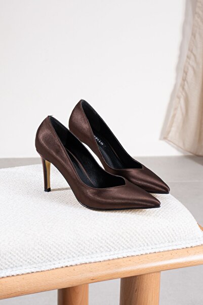es exello Hills İnce Topuklu Kahve Saten Stiletto