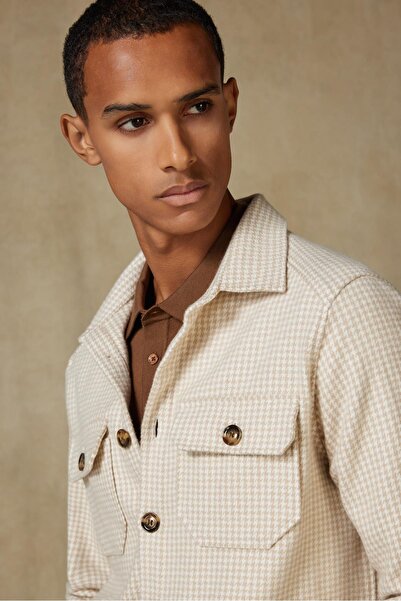 Abbate Fumo Flannel Cotton Overshirt Fit Ecru Classic Collar Men's Patterned Overshirt