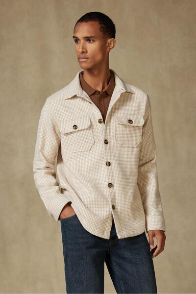 Abbate Fumo Flannel Cotton Overshirt Fit Ecru Classic Collar Men's Patterned Overshirt
