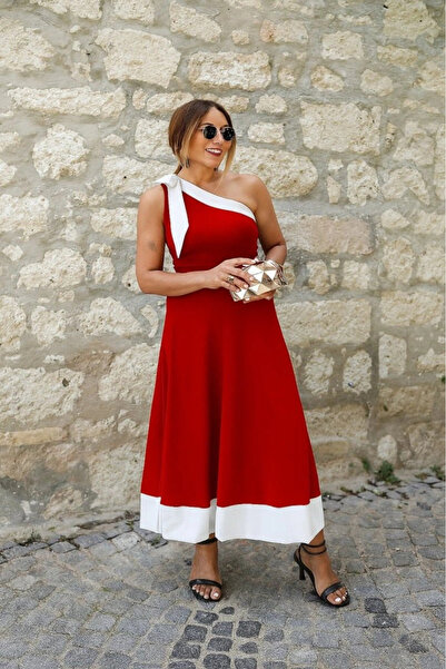 GENCULUS Women's One Shoulder Open Shoulders Ribbon Detailed Double Color Imported Crepe Dress