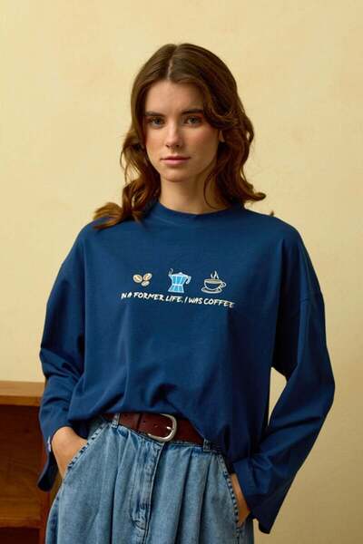 Ceylan Otantik Navy Blue Coffee Printed Basic Body