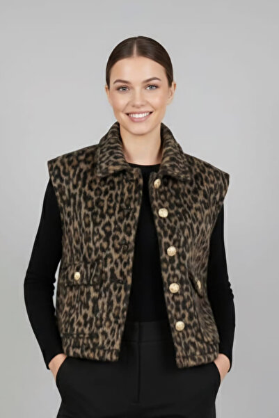 KAPSHON KADIN LEOPAR DESENLİ GOLD DÜĞME DETAYLI CEPLİ ŞIK YELEK