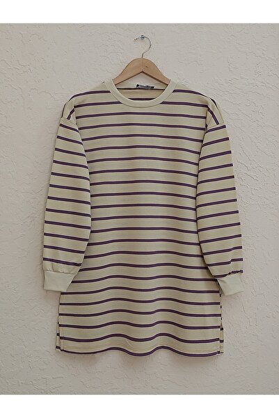 HİJABAYA Ανοιχτό Wortex Sweat με ριγέ μανίκια και ριμπάνα φούστα