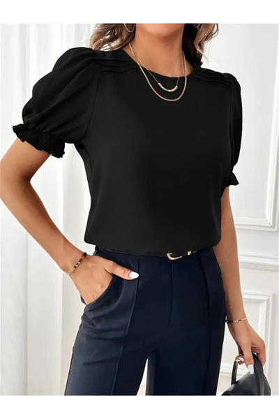 GENCULUS    Women's Short Sleeve Crew Neck Imported Crepe Blouse with Sleeves