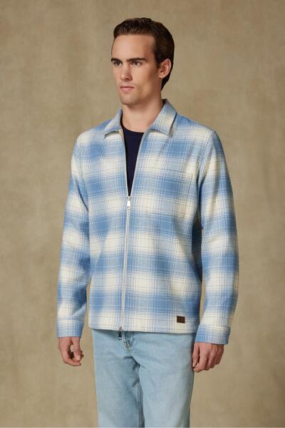 Abbate Prato Flanel Cotton Overshirt Fit Blue Classic Collar Men's Plaid Overshirt