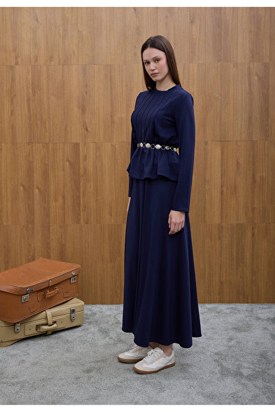 Birgül Bektaş Navy Blue Pleated Detailed Skirt Set