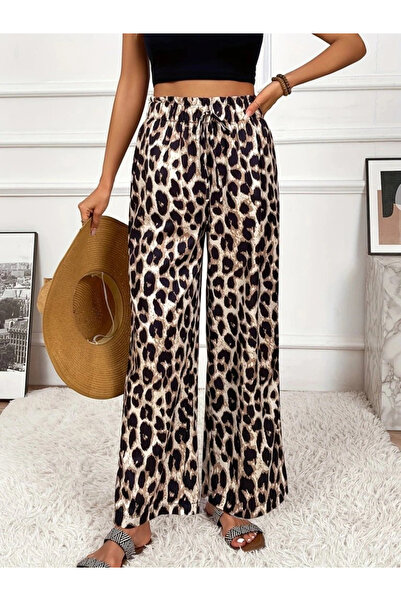 GENCULUS Women's high waist elastic waist lace up leopard print supreme pants