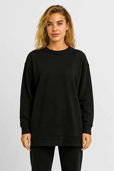 VENA Women's Crew Neck Side Slit Regular Fit 3 Thread Sweatshirt 100% Cotton - Black