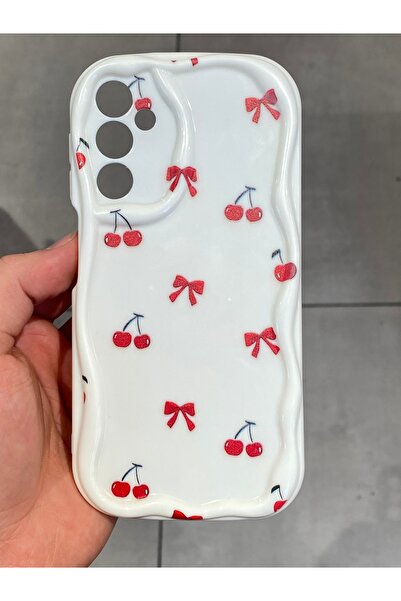 Mee.co Samsung A54 Compatible Shock-Absorbing Hard Silicone Case with Cherry and Ribbon Pattern