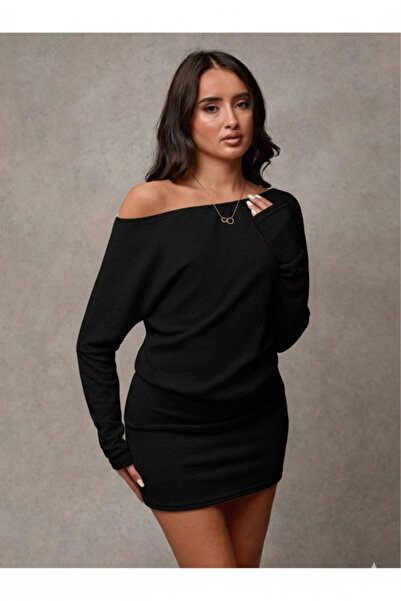 npLStore فستان نسائي أنيق قصير ضيق بأكمام طويلة وياقة غير متماثلة مكشوفة الكتفين من قماش سالونيك