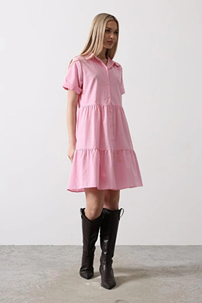 GENCULUS Short Sleeve Button Dress Candy Pink