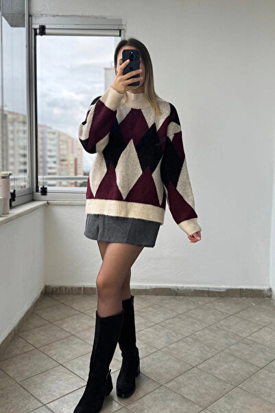 Kubos Moda Baklava Pattern Relaxed Fit Burgundy Sweater
