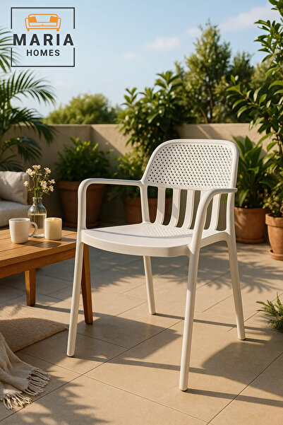 MARIA HOMES كرسي بذراعين بلاستيكي أبيض بظهر مُشَكَّل - كرسي عصري قابل للتكديس...