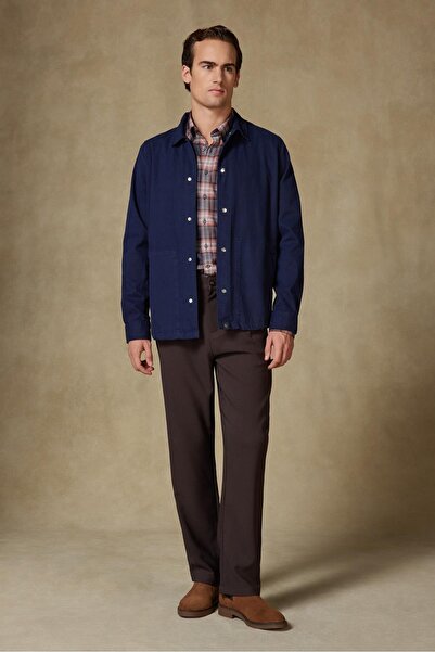 Abbate Renato Woven Polyamide Blend Overshirt Fit Navy Blue Classic Collar Men's Plain Overshirt