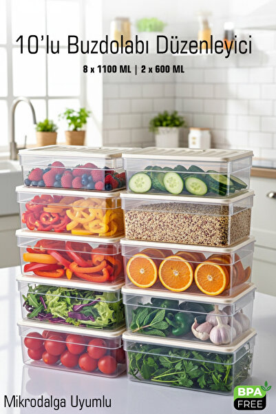 FİTHOME 10-Piece Refrigerator Organizer Storage Container Set – 8×1100 ml + 2×600 ml |   Microwave Compatible |   Bpa Free