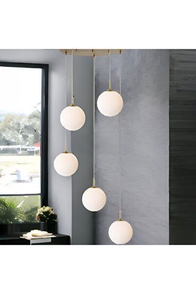 ALC-Shop Κρεμαστός πολυέλαιος, 5 σφαίρες XE27, Χρυσός, Ρυθμιζόμενο ύψος