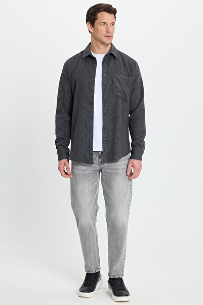 Tudors Men's Slim Fit Slim Fit Dobby Lumberjack Pocket Sport Collar Anthracite Shirt