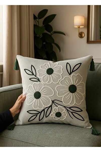 ON-ARS TEKSTİL Decorative Floral Pattern Throw Pillow Cover Green – Tasseled, Modern Stylish Design, 43X43 cm