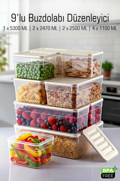 FİTHOME 9-Piece Deep Large Size Refrigerator and Freezer Storage Container In-Cabinet Organizer Microwave Suitable