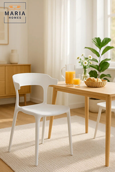 MARIA HOMES كرسي طعام بلاستيكي أبيض - كرسي حديث خفيف الوزن بدون مساند للذراعين للجلوس الداخلي والخارجي