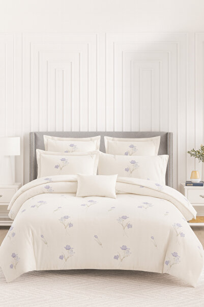 Casa Pucioasa 6-Piece Bed Linen - High Class Extra Fine Cotton, Cream with Purple Flowers -