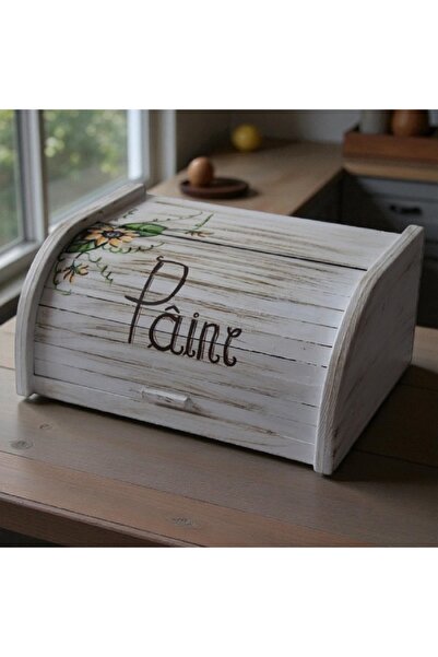 Decoratiuni Vintage Casa Retro Bread box, hand-painted, vintage white Sunflower, without chopper, 39 X 18 X 27 cm