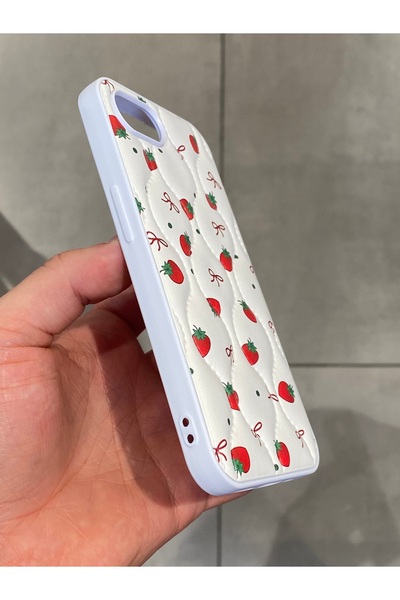 Mee.co iPhone 16E Compatible Strawberry Pattern Phone Case Ribbon Pattern Stitching Detail Faux Leather Case
