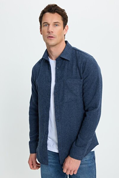 Tudors Men's Slim Fit Slim Fit Dobby Lumberjack Pocket Sport Collar Indigo Shirt