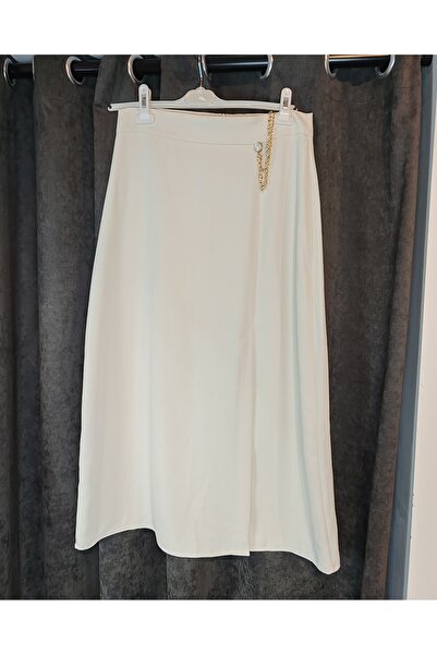 moda rüyası Krem Rengi Yırtmaçlı Uzun Zincir Detaylı Etek