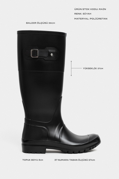 NİŞANTAŞI SHOES Rain Black Matte Flat Sole Below-Knee Women's Rain Boots