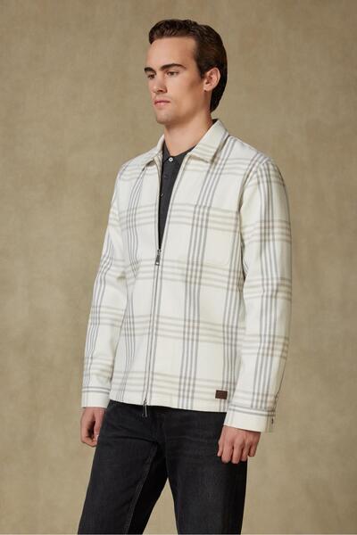 Abbate Prato Flanel Cotton Overshirt Fit Ecru Classic Collar Men's Plaid Overshirt