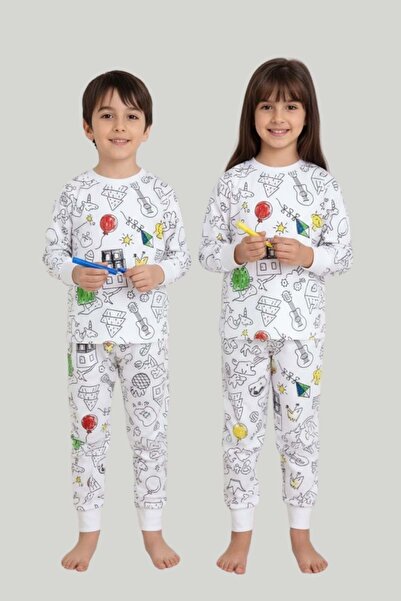 wakawakakidsstore Paintable Patterned Educational Children's Pajama Set (Unisex)