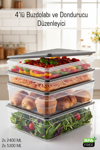 FİTHOME 4-Piece Refrigerator and Freezer Storage Container Set, In-Cabinet Organizer, 2 Deep, 2 Shallow