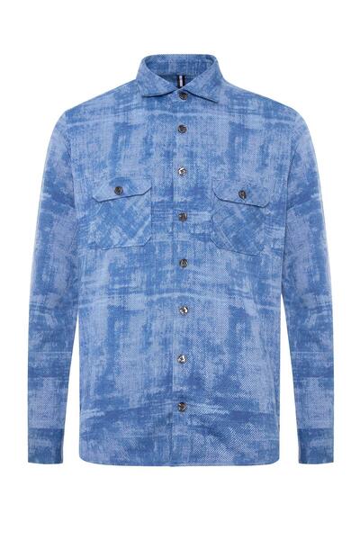 Abbate Marcel Ov Knitted Fabric Cotton Blend Overshirt Fit Light Blue Classic Collar Men's Patterned Overshirt