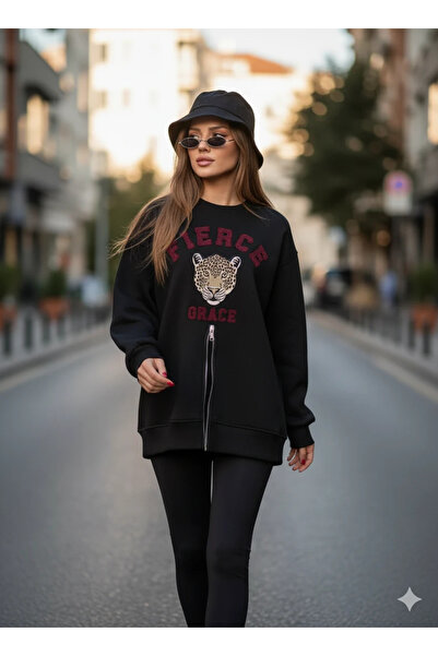 cemo Zippered Leopard Printed Oversized Black Sweat