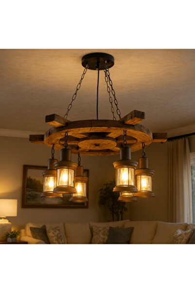 genernic Rustic Wooden Chandelier with Lantern Lights – Available in Several Sizes – E27 Base