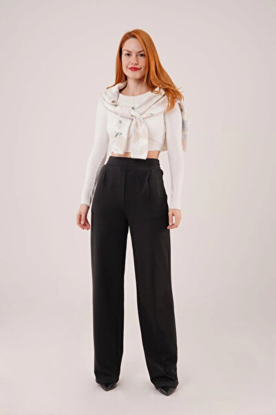 GENCULUS High Waist Wide Leg Crepe Black Trousers