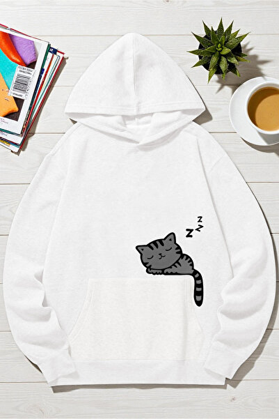 uyguntarz Unisex Sleeping Cat Printed Hooded Sweatshirt