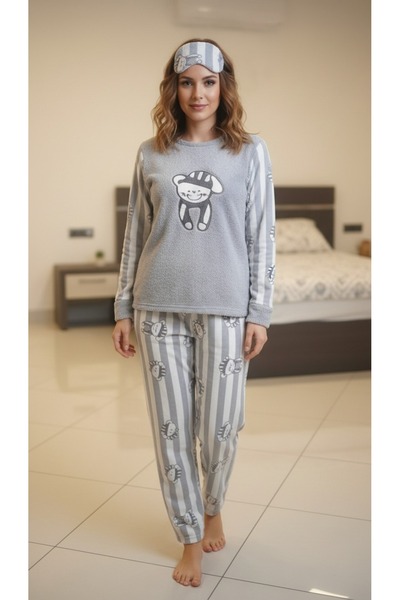 gigigiyim Women's Fleece Pajama Set with Hat and Teddy Bear Pattern