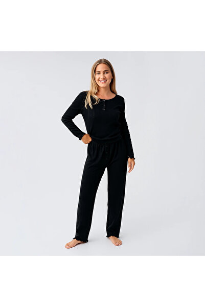 Penelope Perla 100% Cotton Lace-Like Knit Knitted Pajama Set - Black / m